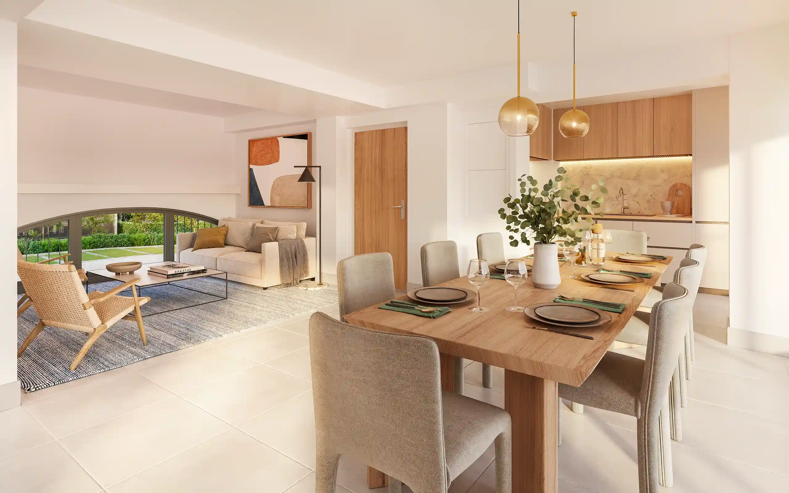 Modélisation 3D de l'aménagement intérieur d'une pièce à vivre dans la résidence La Diligence