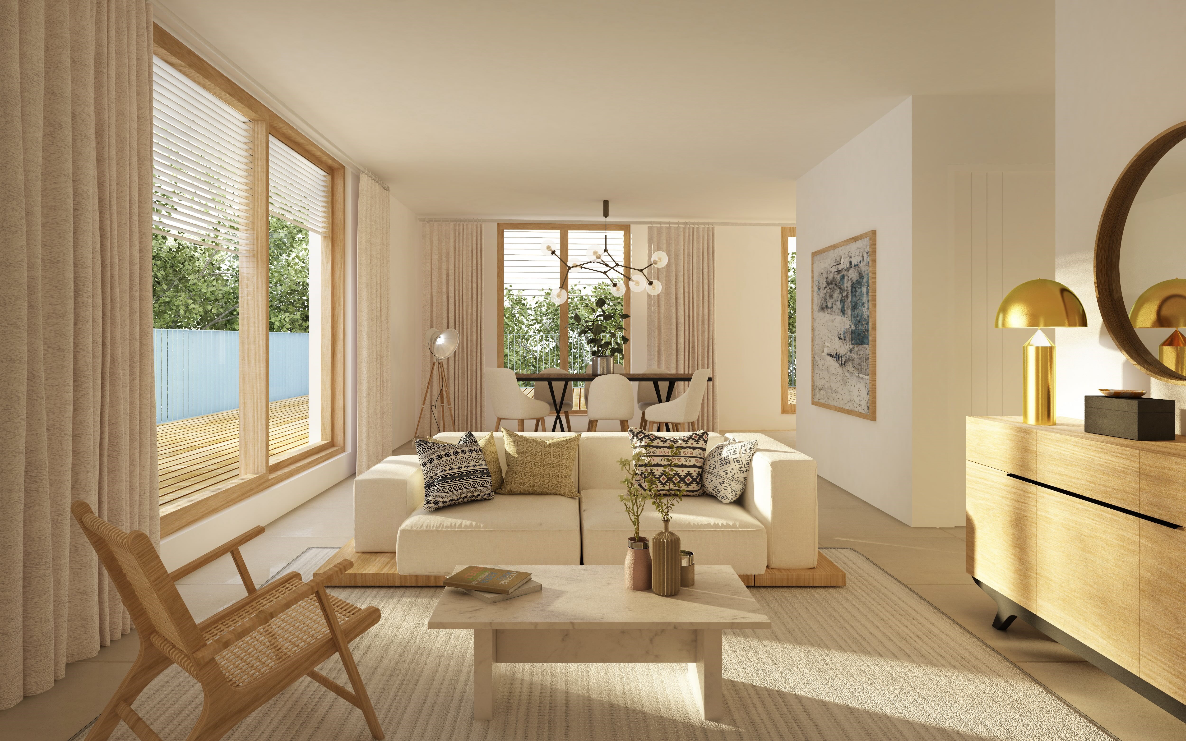Simulation 3D d'une pièce à vivre dans un logement neuf à Annecy